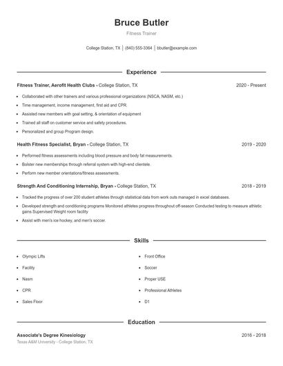 Fitness Trainer Resume