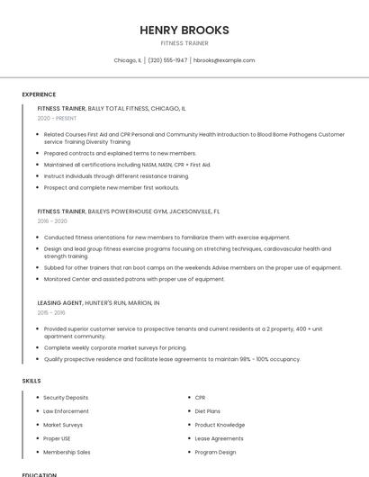 Fitness Trainer Resume