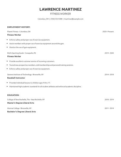 Fitness Worker Resume
