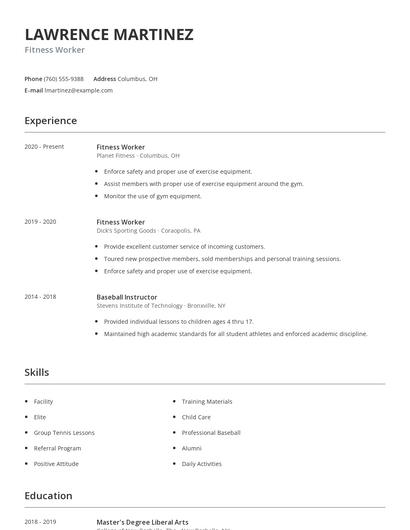 Fitness Worker Resume