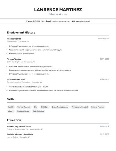 Fitness Worker Resume