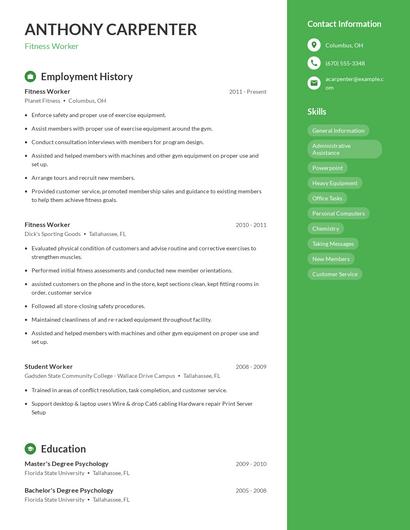 Fitness Worker Resume