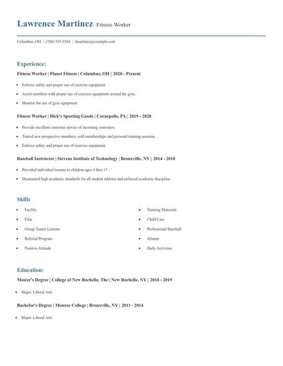 Fitness Worker Resume