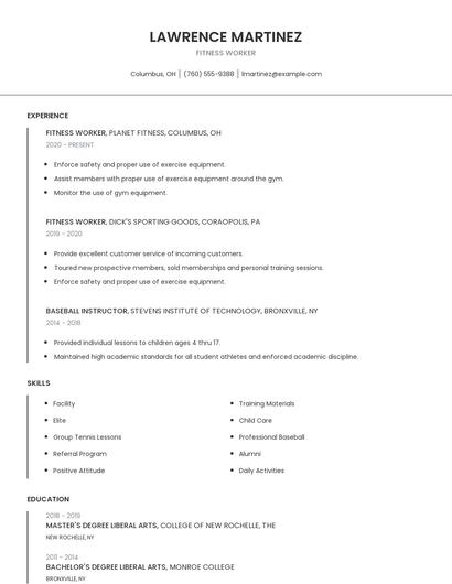 Fitness Worker Resume
