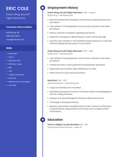 Fixed-Wing Aircraft Flight Mechanic Resume