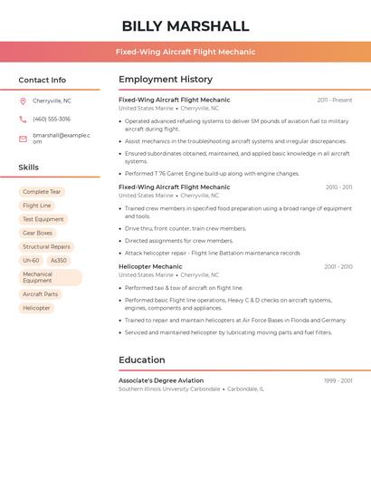Fixed-Wing Aircraft Flight Mechanic Resume