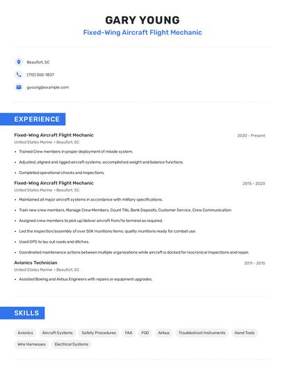 Fixed-Wing Aircraft Flight Mechanic Resume