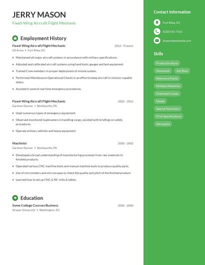 Fixed-Wing Aircraft Flight Mechanic Resume