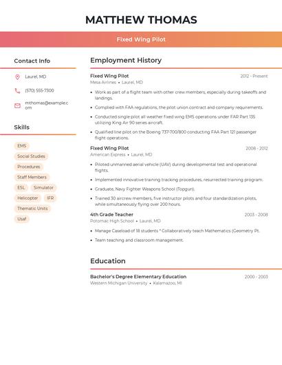 Fixed Wing Pilot Resume