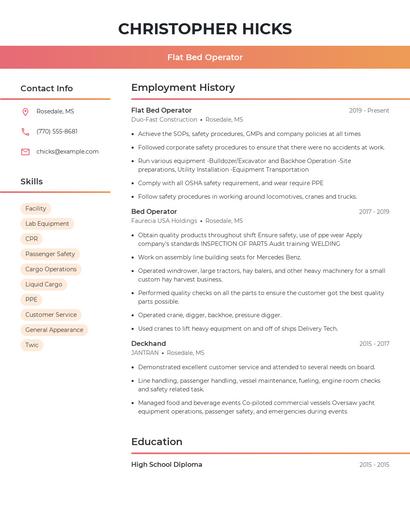 Flat Bed Operator Resume
