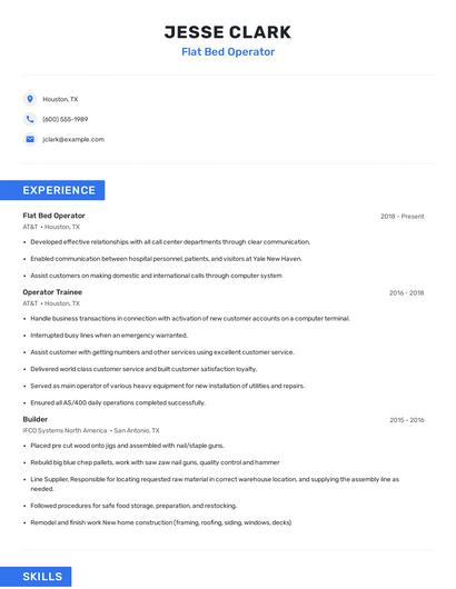 Flat Bed Operator Resume
