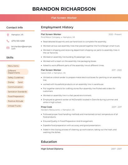 Flat Screen Worker Resume
