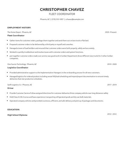 Fleet Coordinator Resume