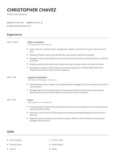 Fleet Coordinator Resume