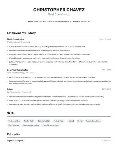 Fleet Coordinator Resume