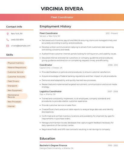 Fleet Coordinator Resume