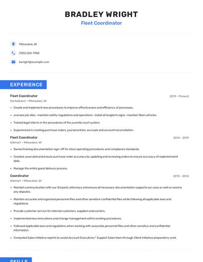 Fleet Coordinator Resume