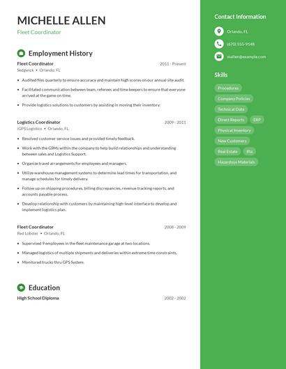 Fleet Coordinator Resume