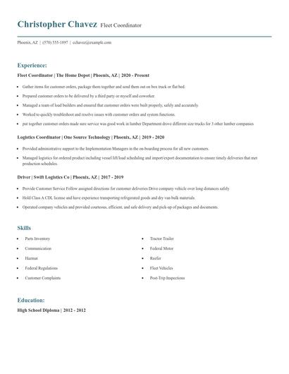 Fleet Coordinator Resume