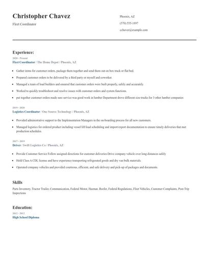 Fleet Coordinator Resume