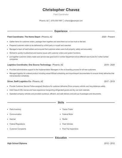 Fleet Coordinator Resume