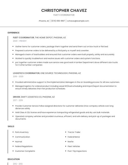 Fleet Coordinator Resume