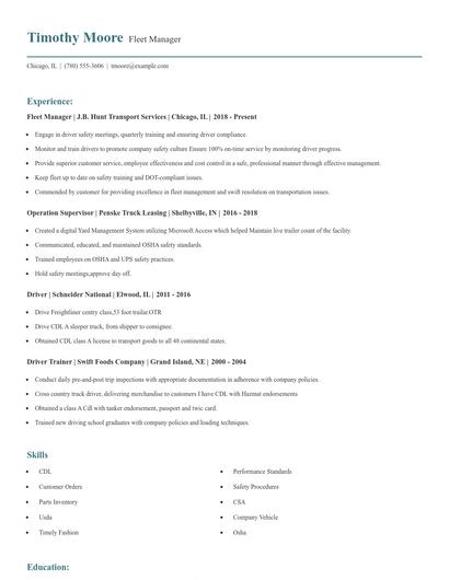 Fleet Manager Resume