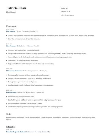 Fleet Manager Resume