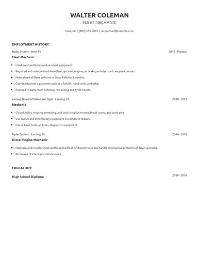 Fleet Mechanic Resume