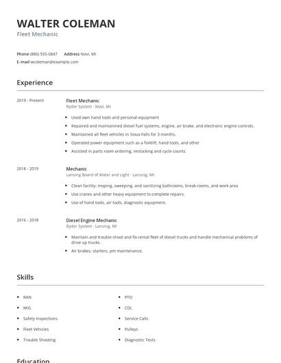 Fleet Mechanic Resume