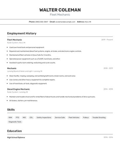 Fleet Mechanic Resume