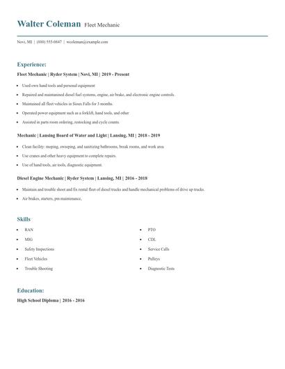 Fleet Mechanic Resume