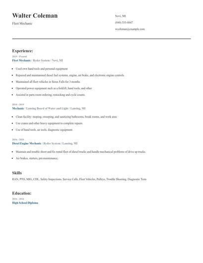 Fleet Mechanic Resume