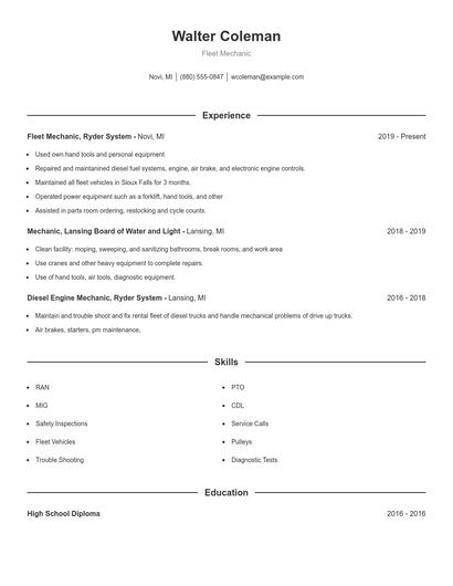 Fleet Mechanic Resume