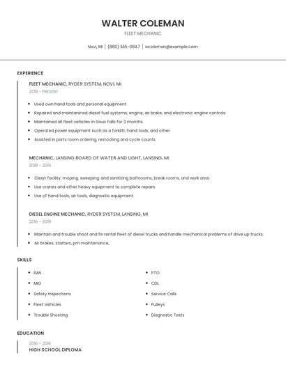 Fleet Mechanic Resume