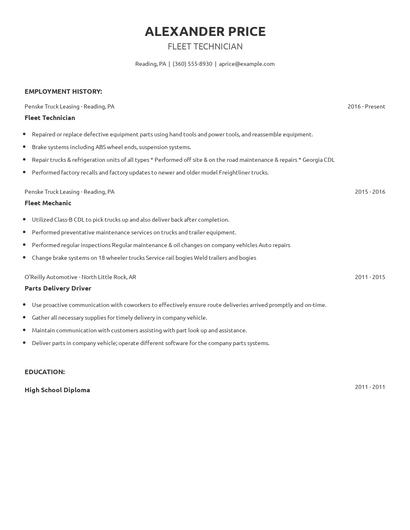 Fleet Technician Resume