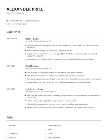 Fleet Technician Resume