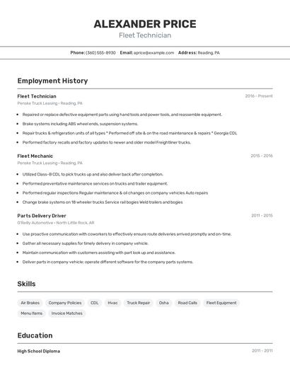 Fleet Technician Resume