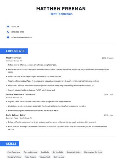 Fleet Technician Resume
