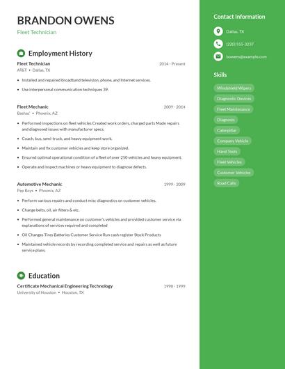 Fleet Technician Resume