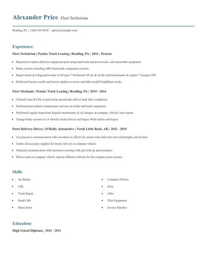 Fleet Technician Resume
