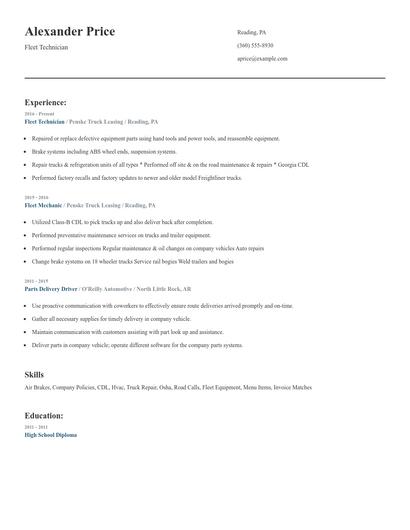 Fleet Technician Resume