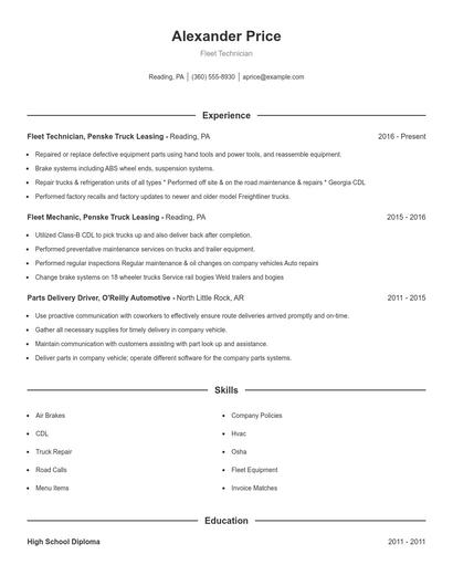 Fleet Technician Resume