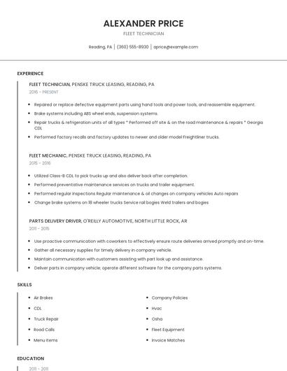 Fleet Technician Resume