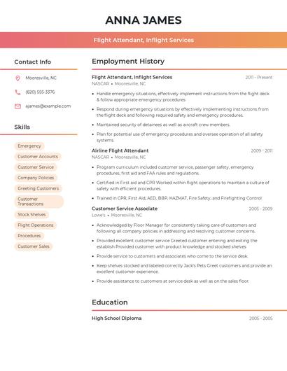 Flight Attendant, Inflight Services Resume