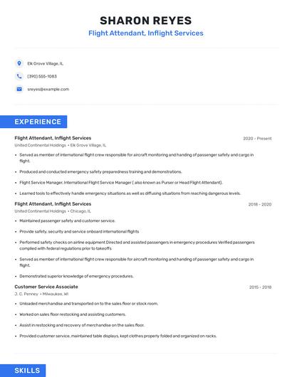 Flight Attendant, Inflight Services Resume