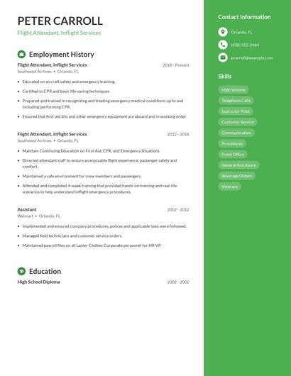 Flight Attendant, Inflight Services Resume