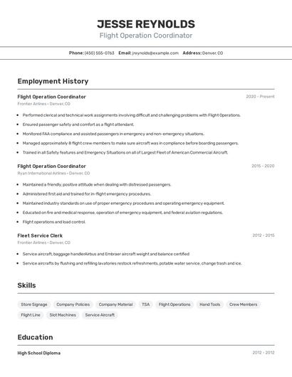 Flight Operation Coordinator Resume