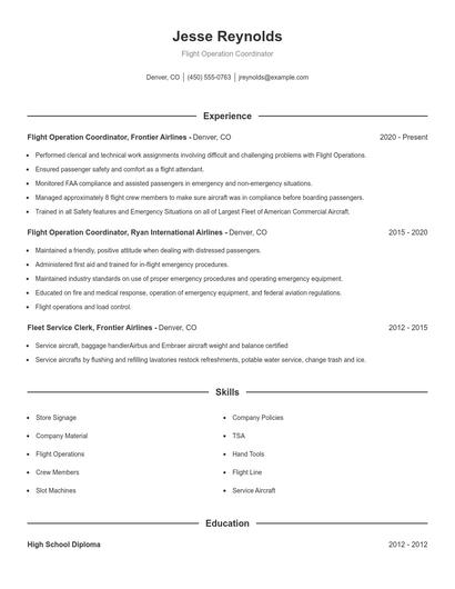 Flight Operation Coordinator Resume