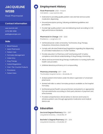 Float Pharmacist Resume